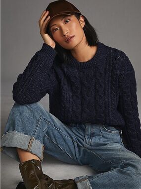 Velvet by Graham & Spencer Navy Cable Knit Crewneck Sweater